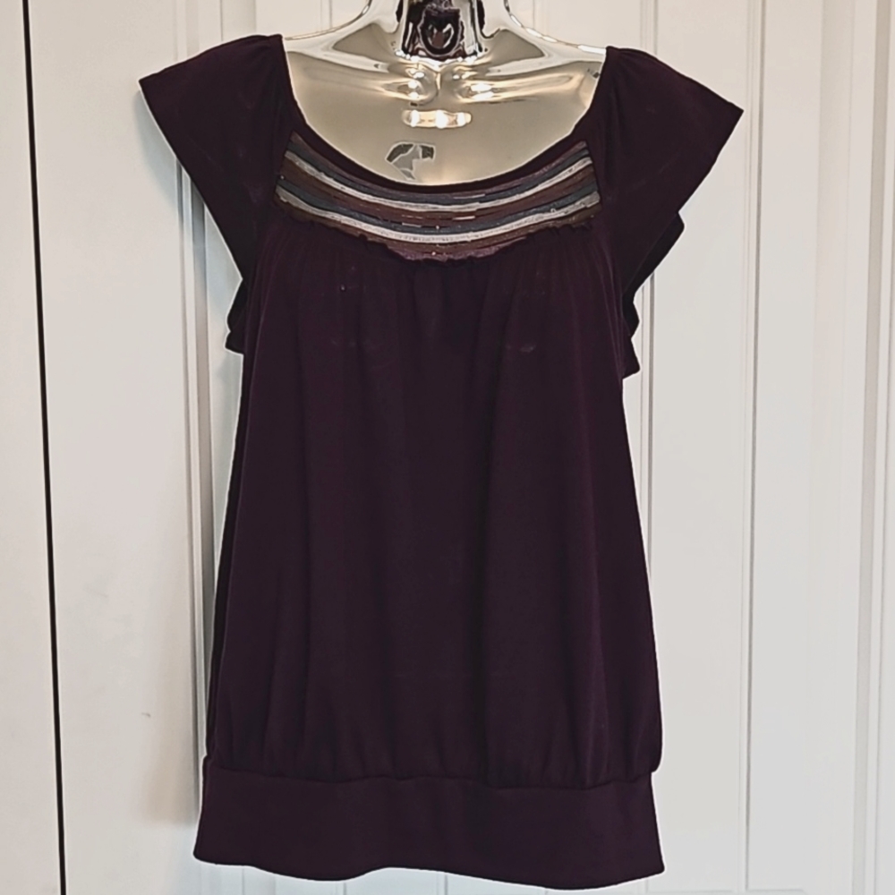 Purple lightweight top, short sleeves with neckline detail, size M
